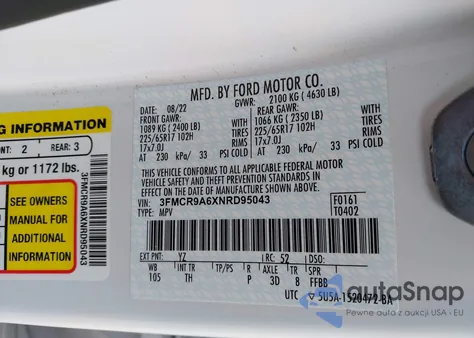 2022 Ford Bronco Sport из США, поврежденный, VIN 3FMCR9A6XNRD95043